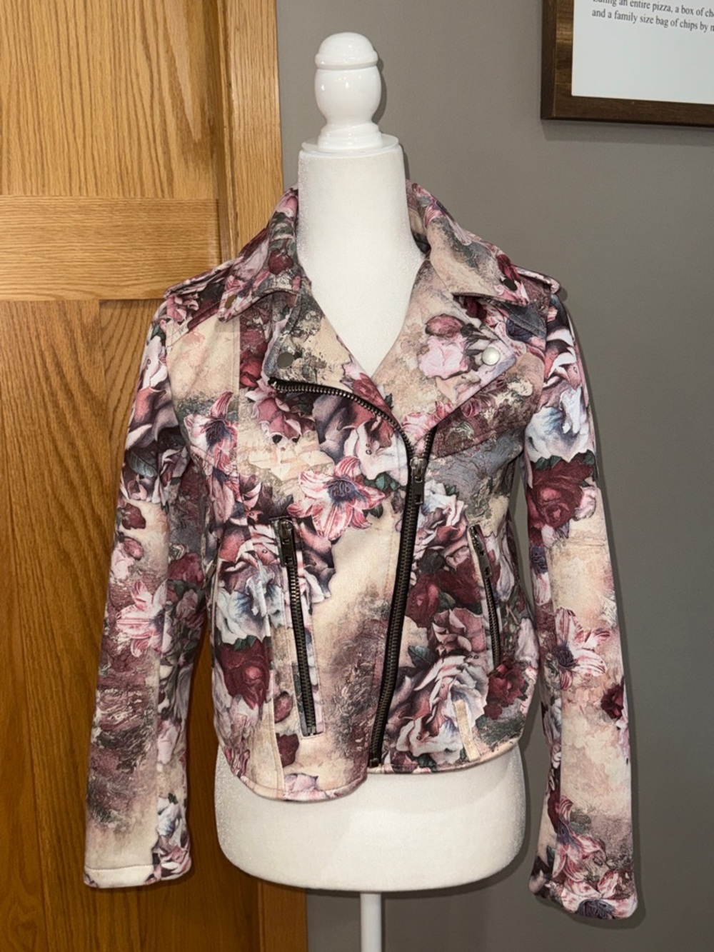 Zara Floral Biker Jacket - Pink, Burgundy & Cream